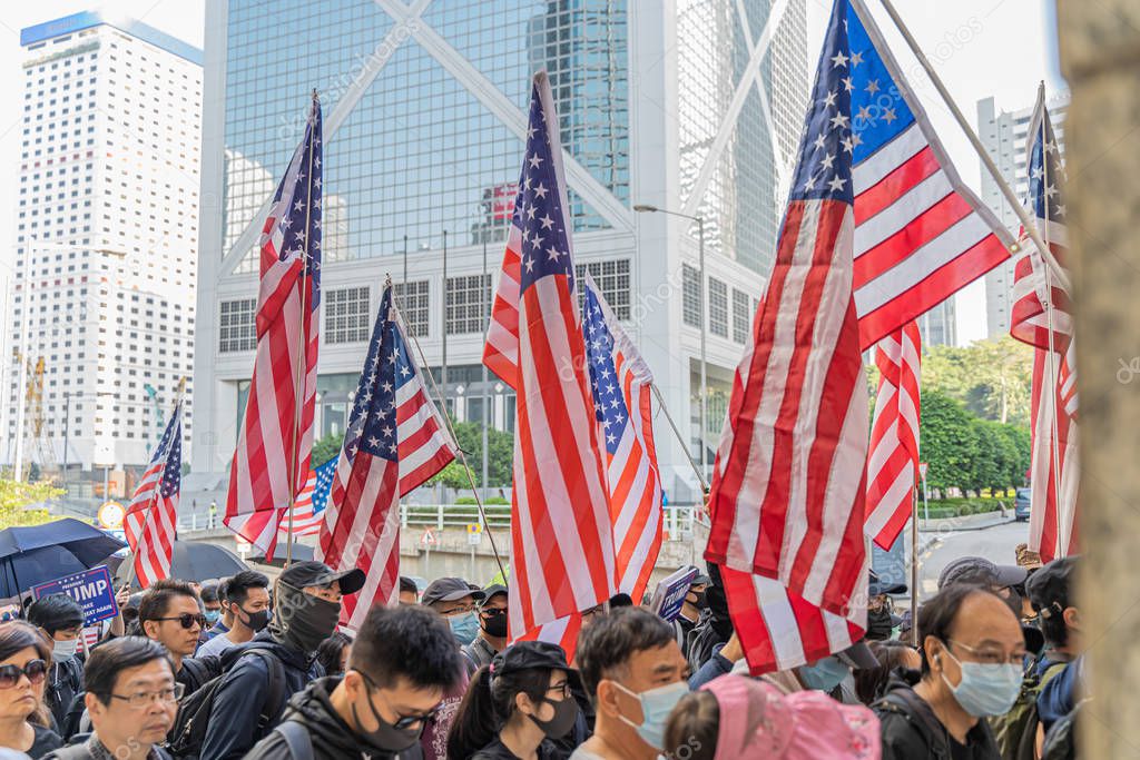 Hong Kong - 29 November 2019: Peaceful march to American consulate calling for help from US President Donald Trump, by passing Hong Kong Human Rights and Democracy Act.