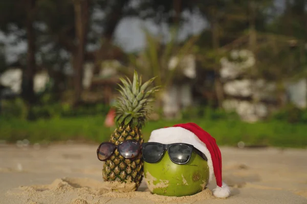 Férias Coco Com Óculos Chapéu Papai Noel Abacaxi Conceito Natal — Fotografia de Stock