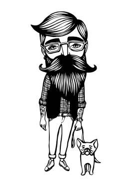 Hipster with mustache, beard and dog. Hand-Drawn Doodle. Vector Illustration - stock vector. Hand drawn cartoon character. Bearded man with French Bulldog vector