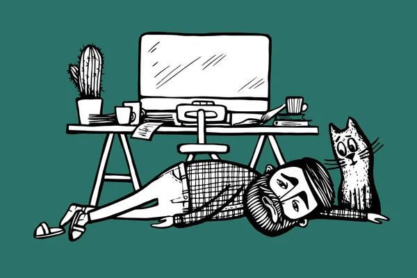 Uomo barbuto stanco sdraiato sul pavimento vicino alla scrivania con schermo del computer, gatto sedersi vicino e guardare. Illustrazione disegnata a mano di hipster stanco. Illustrazione vettoriale - vettore di riserva . — Vettoriale Stock