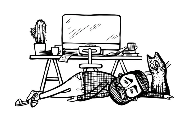 Cansado homem barbudo deitado no chão perto da mesa de trabalho com tela de computador, gato sentar perto e olhando. Ilustração desenhada à mão de Hister cansado. Ilustração vetorial - vetor de estoque . —  Vetores de Stock