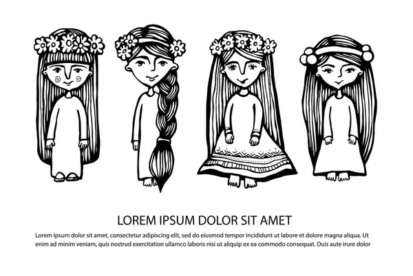 Conjunto de meninas bonitas étnicas com cabelos longos em vestidos longos. Ilustração vetorial desenhada à mão . — Vetor de Stock