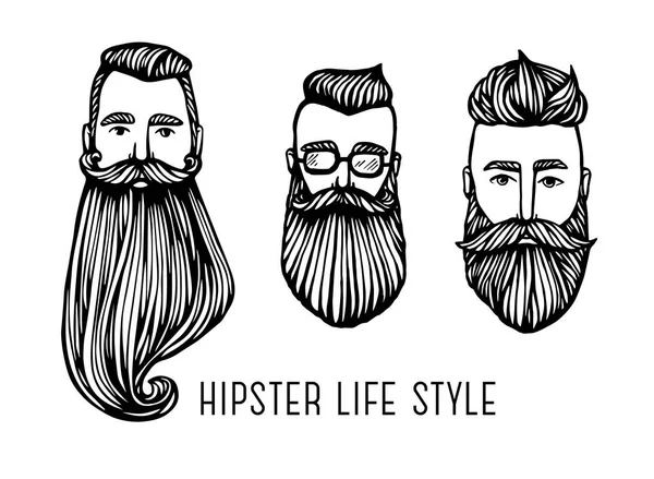 Sada Hipster hlav s vousy. Ručně kreslené Doodle. Vektorové ilustrace - vektorové. Ručně kreslené kreslené postavičky. Vousatý muž — Stockový vektor