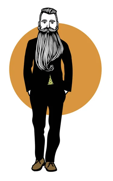 Ilustración de moda dibujada a mano de hipster en un traje negro. Estilo Ciudad, mirada Hipster. Vector Ilustración del hombre barbudo — Vector de stock