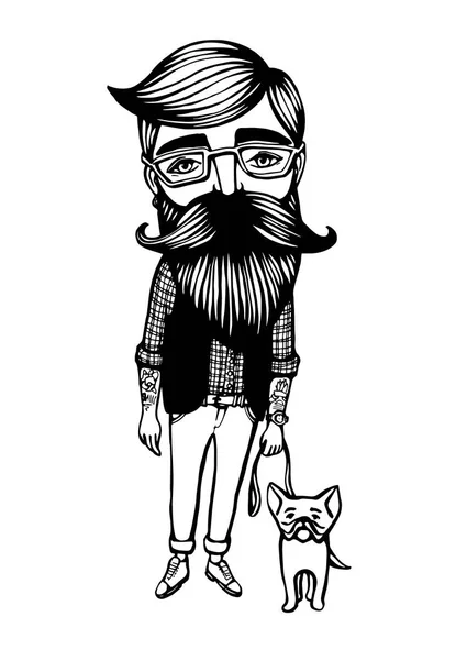 Hipster wąsy, broda i pies. Ręcznie rysowane Doodle. Ilustracja wektorowa - wektor. Ręcznie rysowane postać z kreskówki. Brodaty mężczyzna z Buldog francuski — Wektor stockowy