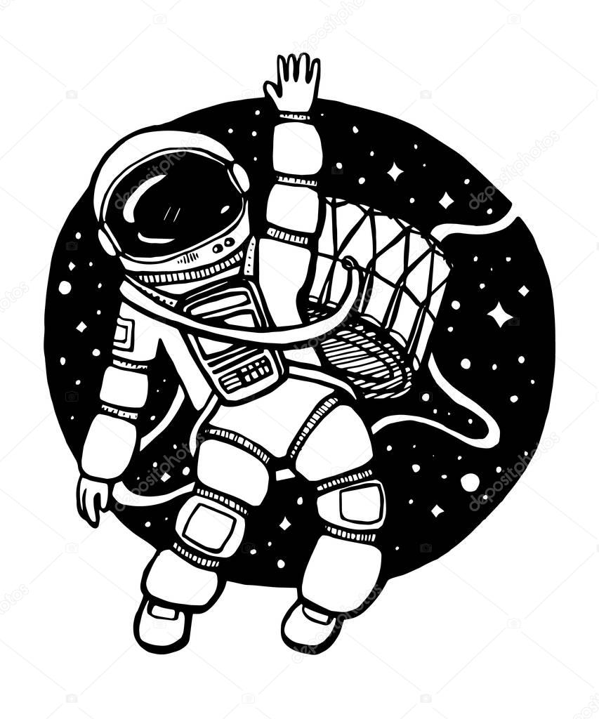 Vector illustration of cosmonaut, astronaut in space with drum on white and dark grey background. Design for shirt, T-shirt. Hand drawn black and white illustration