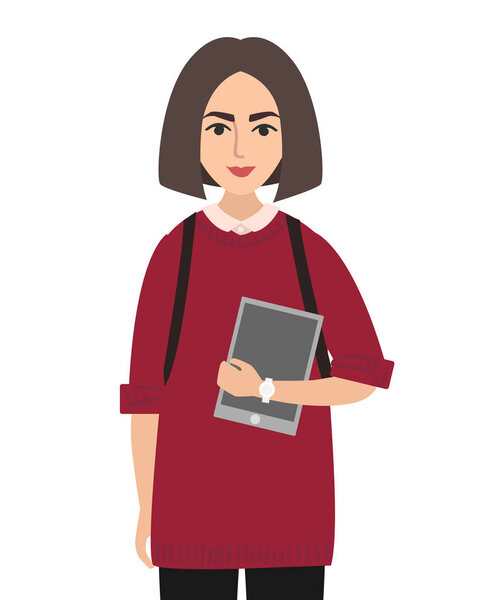 Улыбающаяся молодая девушка в повседневной жизни. Модный современный студент. Векторная иллюстрация плоской конструкции. стильная девушка. Хипстер Тренди
