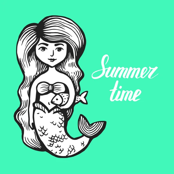 Meerjungfrau mit langen Haaren und Fisch. Handgezeichnetes Sommerkritzel. Vektor Illustration Cartoon-Figur. junges Mädchen — Stockvektor