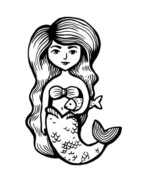 Sirena con pelo largo y pescado. Doodle de verano dibujado a mano. Personaje de dibujos animados Vector Illustration. Jovencita — Vector de stock