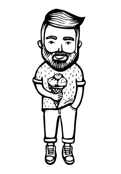 Hippi sakal ve dondurma ile. Elle çizilmiş yaz Doodle. Vektör çizim çizgi film karakteri. Sakallı adam.