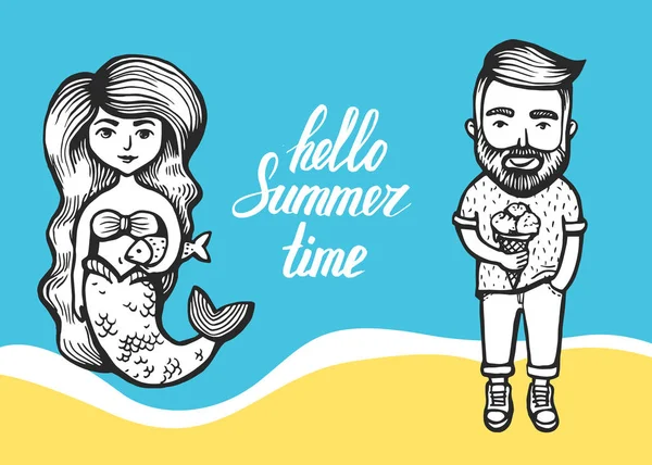 Meerjungfrau mit langen Haaren und Fisch und Hipster mit Eis auf Meeresgrund. Sommerkritzelei mit Schriftzug. Zeichentrickfigur. — Stockvektor