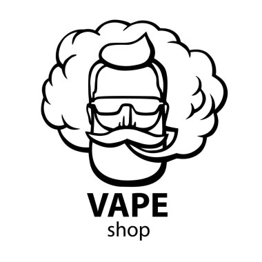 Bıyık ve sakal ile çizilmiş hippi. Adam vape ve bulut. Elektronik sigara. Vektör. Çıkartmalar. logosunu görmeniz gerekir. Amblem