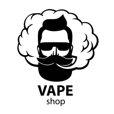 Bıyık ve sakal ile çizilmiş hippi. Adam vape ve bulut. Elektronik sigara. Vektör. Çıkartmalar. logosunu görmeniz gerekir. Amblem