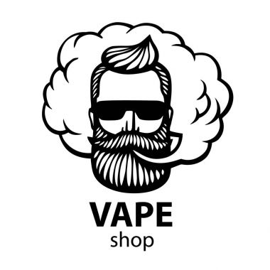Bıyık ve sakal ile çizilmiş hippi. Adam vape ve bulut. Elektronik sigara. Vektör. Çıkartmalar. logosunu görmeniz gerekir. Amblem
