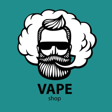 Bıyık ve sakal ile çizilmiş hippi. Adam vape ve bulut. Elektronik sigara. Vektör. Çıkartmalar. logosunu görmeniz gerekir. Amblem