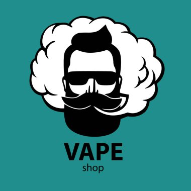 Bıyık ve sakal ile çizilmiş hippi. Adam vape ve bulut. Elektronik sigara. Vektör. Çıkartmalar. logosunu görmeniz gerekir. Amblem