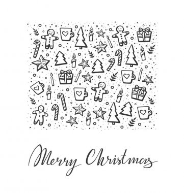 Neşeli Noel vektör yazı ve xmas grafik çizilmiş. Beyaz renk arka plan üzerinde tebrik kartı. Vektör çizim
