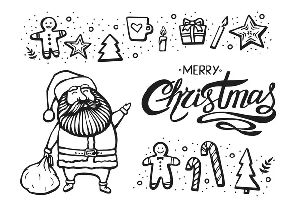 Set de gráficos de Navidad dibujados a mano. Plantilla de Navidad vectorial con Santa y letras. Fondo de vacaciones y banner de diseño, invitación. Ilustración vectorial . — Vector de stock