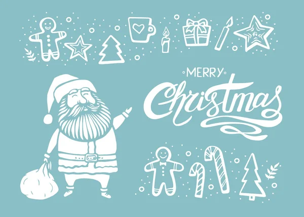 Sada ručně kreslené grafiky, Vánoce. Vektor vánoční šablona s Santa a nápisy. Rekreační zázemí a design nápis, pozvání. Vektorové ilustrace. — Stockový vektor