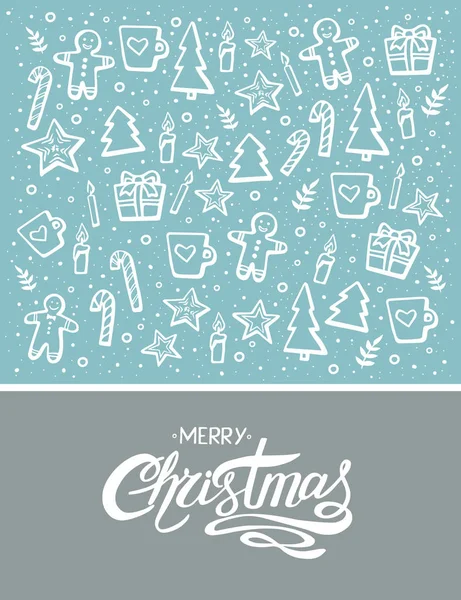 Veselé Vánoce vektorová písma a kreslené vánoční grafiku. Blahopřání na bílou barvu pozadí. Vektorové ilustrace — Stockový vektor