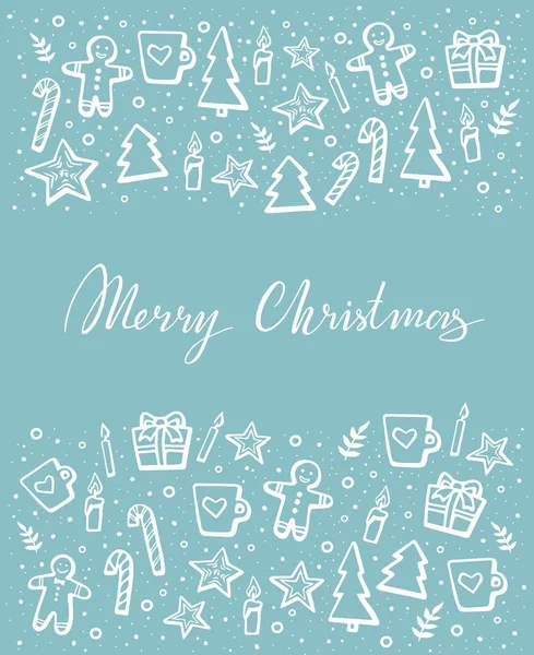Veselé Vánoce vektorová písma a kreslené vánoční grafiku. Blahopřání na bílou barvu pozadí. Vektorové ilustrace — Stockový vektor