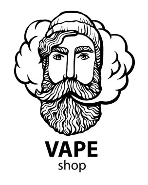 Hippi vape ve bulut ile. vaper erkekler siyah vektör arka plan üzerinde izole. Bıyık ve sakal ile çizilmiş hipster dostum. Elektronik sigara. Vektör. Etiket