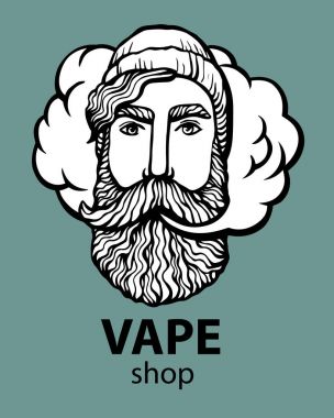 Hippi vape ve bulut ile. vaper erkekler siyah vektör arka plan üzerinde izole. Bıyık ve sakal ile çizilmiş hipster dostum. Elektronik sigara. Vektör. Etiket