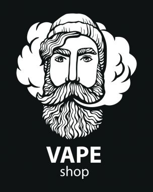 Hippi vape ve bulut ile. vaper erkekler siyah vektör arka plan üzerinde izole. Bıyık ve sakal ile çizilmiş hipster dostum. Elektronik sigara. Vektör. Etiket