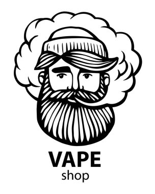 Hippi vape ve bulut ile. vaper erkekler siyah vektör arka plan üzerinde izole. Bıyık ve sakal ile çizilmiş hipster dostum. Elektronik sigara. Vektör. Etiket
