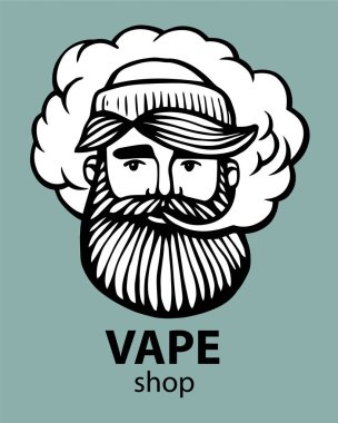 Hippi vape ve bulut ile. vaper erkekler siyah vektör arka plan üzerinde izole. Bıyık ve sakal ile çizilmiş hipster dostum. Elektronik sigara. Vektör. Etiket