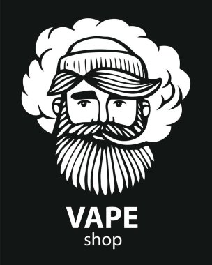 Hippi vape ve bulut ile. vaper erkekler siyah vektör arka plan üzerinde izole. Bıyık ve sakal ile çizilmiş hipster dostum. Elektronik sigara. Vektör. Etiket