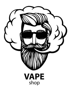 Hippi vape ve bulut ile. vaper erkekler siyah vektör arka plan üzerinde izole. Bıyık ve sakal ile çizilmiş hipster dostum. Elektronik sigara. Vektör. Etiket