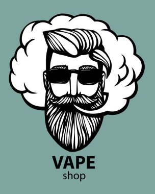 Hippi vape ve bulut ile. vaper erkekler siyah vektör arka plan üzerinde izole. Bıyık ve sakal ile çizilmiş hipster dostum. Elektronik sigara. Vektör. Etiket