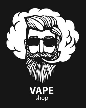 Hippi vape ve bulut ile. vaper erkekler siyah vektör arka plan üzerinde izole. Bıyık ve sakal ile çizilmiş hipster dostum. Elektronik sigara. Vektör. Etiket