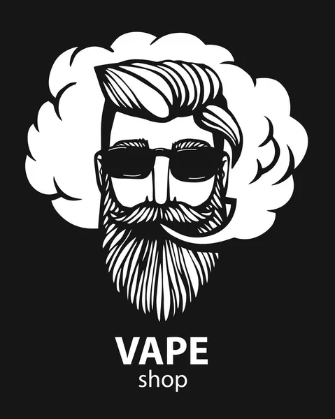 Hipster con vapor y nube. aislado vaper hombres en negro vector de fondo. Tipo hipster dibujado a mano con bigote y barba. Cigarrillo electrónico. Vector. Pegatina — Vector de stock