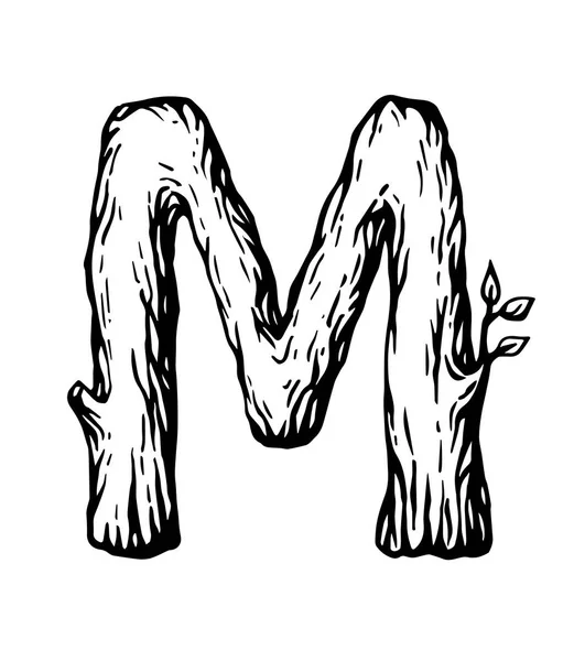 黑色雕刻字母 M 由木材与叶子在白色背景 — 图库矢量图片