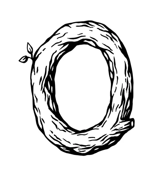 Gravure noir Lettre O en bois avec des feuilles sur le fond blanc — Image vectorielle