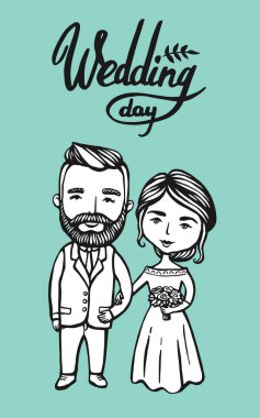 Düğün kaç kartları. Hipster damat gelin sakallı bıyıklı. Doodle. Vektör çizim el çizgi film karakteri çekilmiş. Sakallı adam ve güzel kadın düğün.