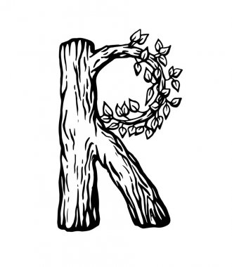 Beyaz arka plan üzerinde siyah oyma harf R ile ahşap yapılmış bırakır