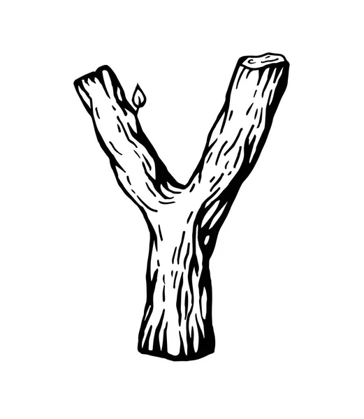 Zwarte gravure die letter Y van hout met gemaakt verlaat op de witte achtergrond — Stockvector