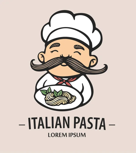 Логотип макарон. Ручная рисованная векторная иллюстрация повара-повара с усами и тарелкой со спагетти. Цветной логотип итальянского шеф-повара . — стоковый вектор