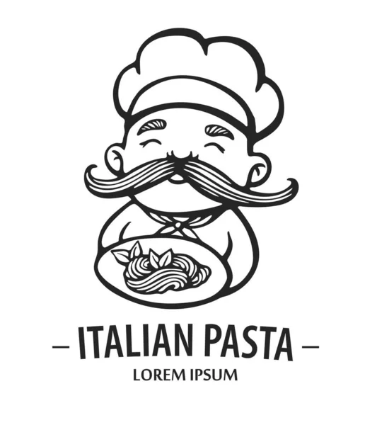 Логотип макарон. Ручная рисованная векторная иллюстрация повара-повара с усами и тарелкой со спагетти. Логотип шеф-повара Италии . — стоковый вектор