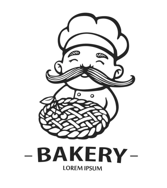 Логотип пекарни. Ручная рисованная векторная иллюстрация повара-повара с усами и пирогом. логотип шеф-повара . — стоковый вектор