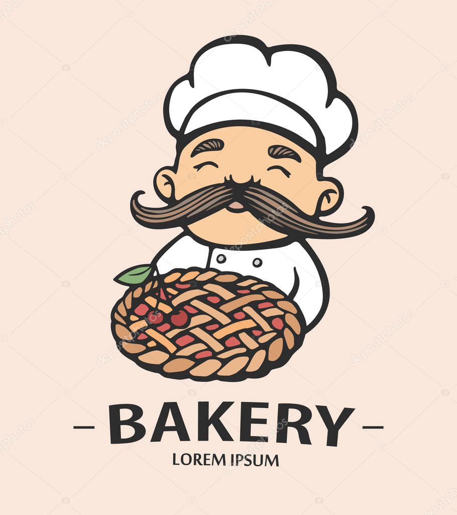 Bakery logo. Hand drawn vector illustration of chef-cooker with a mustache and pie. chef cake logo