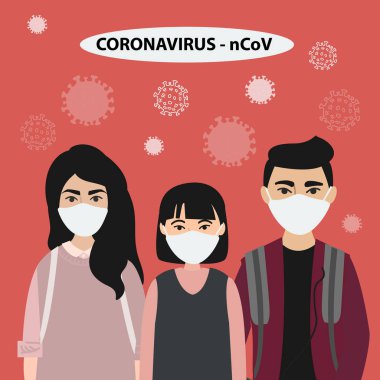 Coronavirus ncov. Kırmızı arka planda maskeli Çinli insanlar ve bakteriler. Sağlık ve Sağlık. Roman Coronavirus 2019. Zatürree hastalığı. Salgın hakkında vektör stoku çizimi.