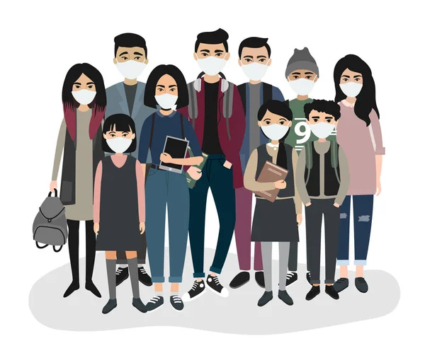 Coronavirus ncov. En grupp kineser med masker. Hälsa och sjukvård. Novel Coronavirus 2019. Lunginflammation. vektor stock illustration om epidemin. — Stock vektor