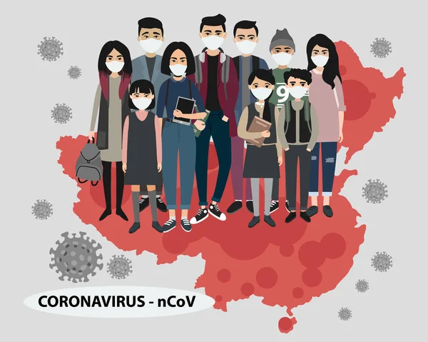 Κοροναβίρους Νκοβ. Ομάδα Κινέζων με μάσκες που στέκονται στο χάρτη με ιούς τριγύρω. υγεία και ιατρική. Μυθιστόρημα Coronavirus 2019. Πνευμονία. εικονογράφηση διανύσματος σχετικά με την επιδημία. — Διανυσματικό Αρχείο