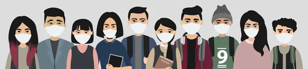 Coronavirus nCoV. Grupo de chinos con máscaras. salud y medicina. Novela Coronavirus 2019. Enfermedad por neumonía. vector stock ilustración sobre la epidemia. Banner horizontal . — Vector de stock