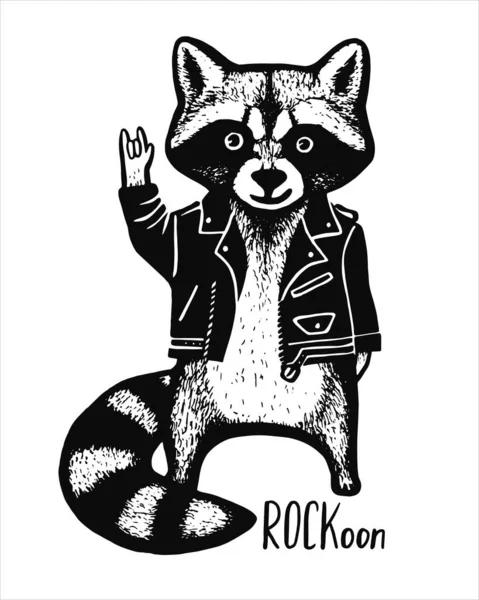 Ilustração de racoon em jaqueta preta. Vetor isolado ilustração desenhada à mão. ilustração estoque. Conceito de rocha Impressão de linha . —  Vetores de Stock