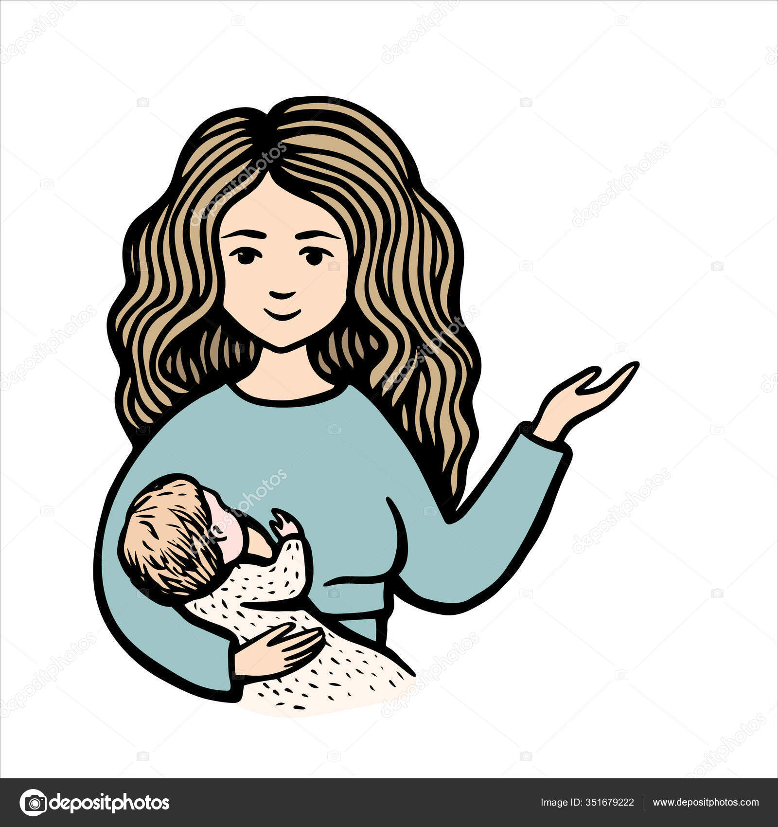 笑顔の女性は赤ちゃんを保持し 手を指す 手描きのカラフルなベクターストックイラスト 母乳育児 お母さんオンブルーセーターと子供 ストックベクター C Art Redbox Gmail Com